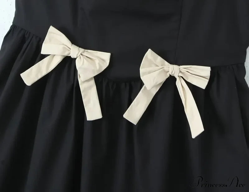 Black Bow Solid Charming Strap Midi Dress Ankle Length