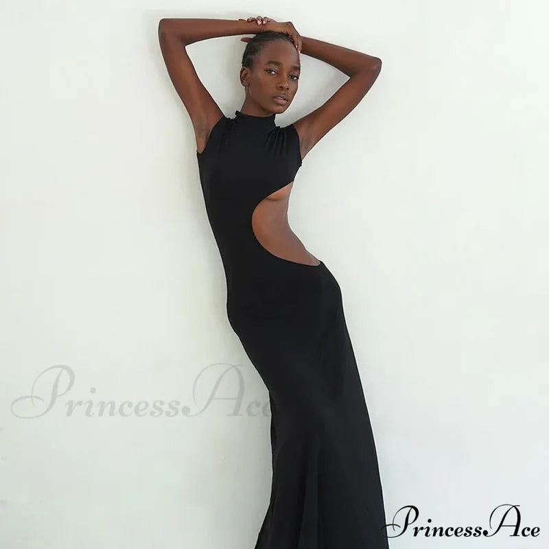 Black Hollow Out Long Women 2024 Sleeveless Bodycon Sexy Maxi Evening Slim Fashion Clubwear Cut