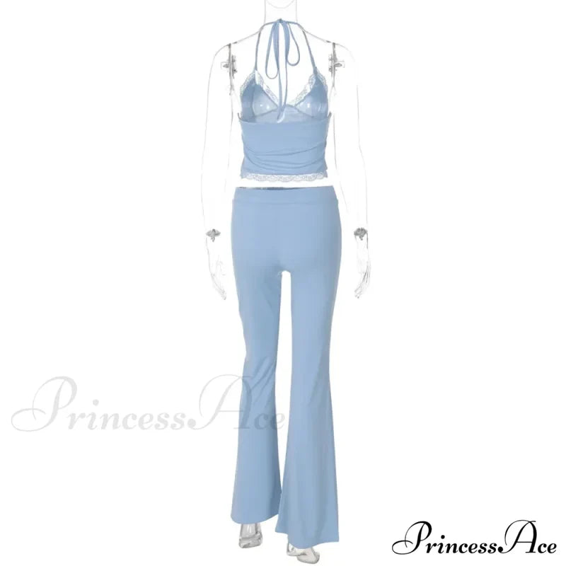 Blue Halter Crop Top Graceful And Flare Pants Set Pant Suits