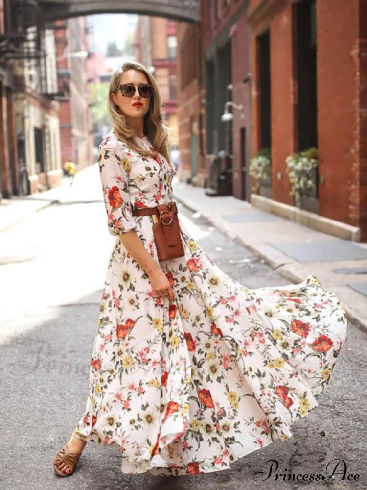 Bohemia Gown Full-Length Neck Half With Round And Flowered Sleeves M / Green Dresses