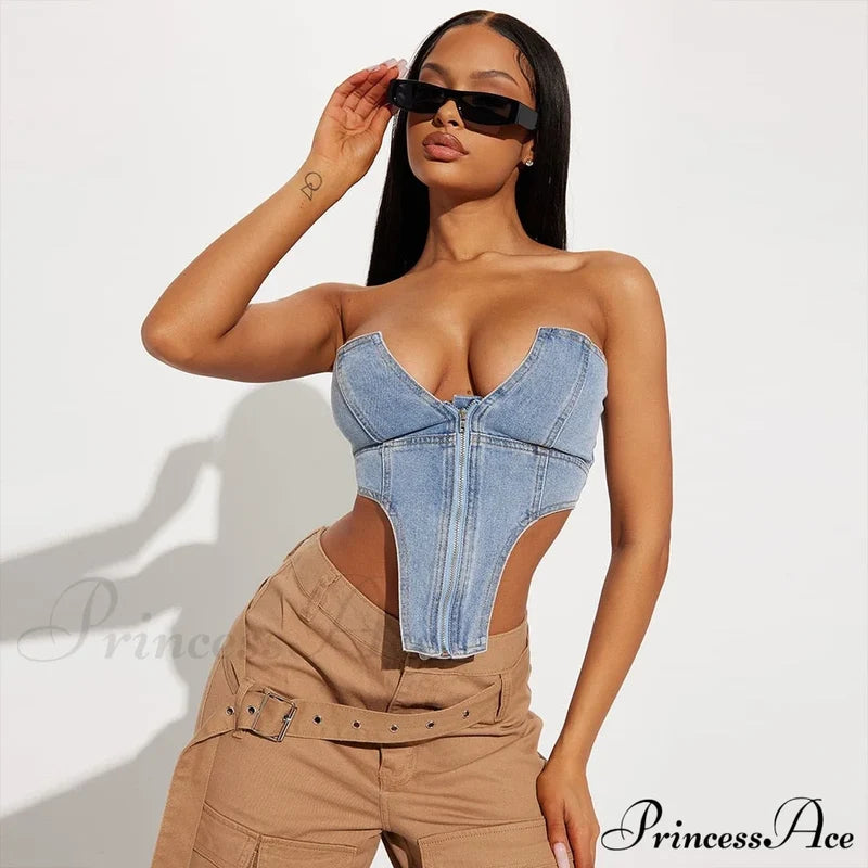 Clubwear Irregular Blue Crop Jeans Tops Warm-Season Denim Party Top Corset Streetwear Zipper Tube Strapless Clothes