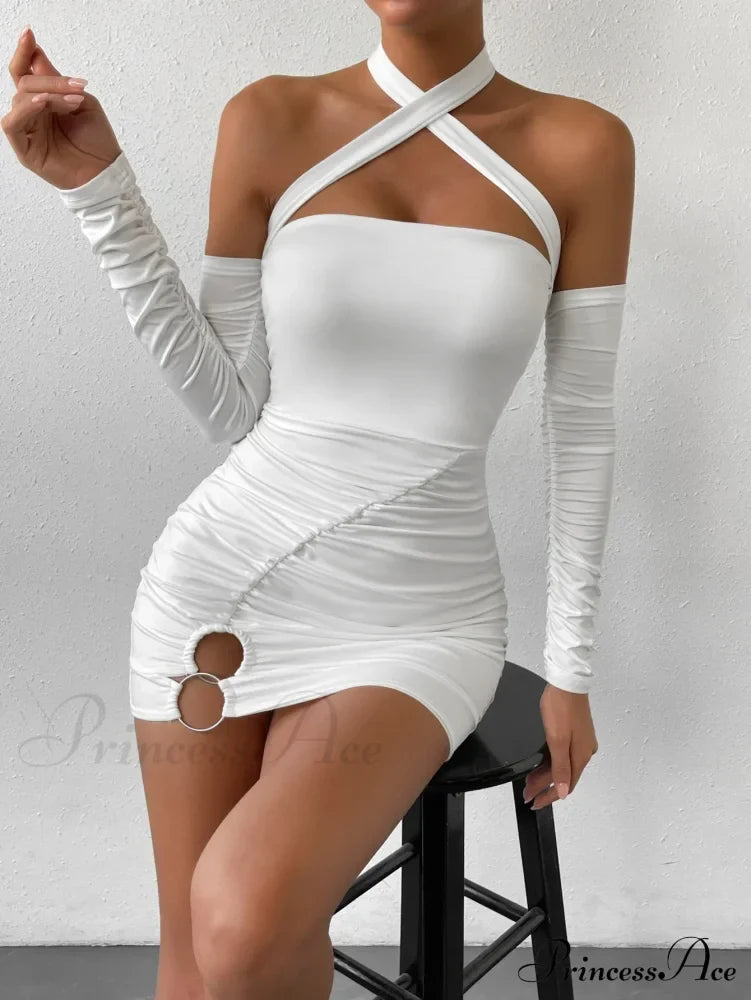 Cross Neck Hanging Bodycon Mini Off Shoulder Long Sleeve Hollow Out Back Pleated Wrapped Hip Skirt