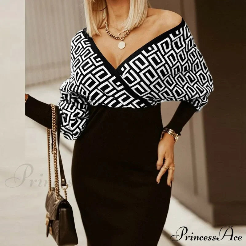 Deep - Party - V-Neck Plaid Gown Long Hip Streetwear Arm Spring Casual Autumn Gown Striped Vestidos