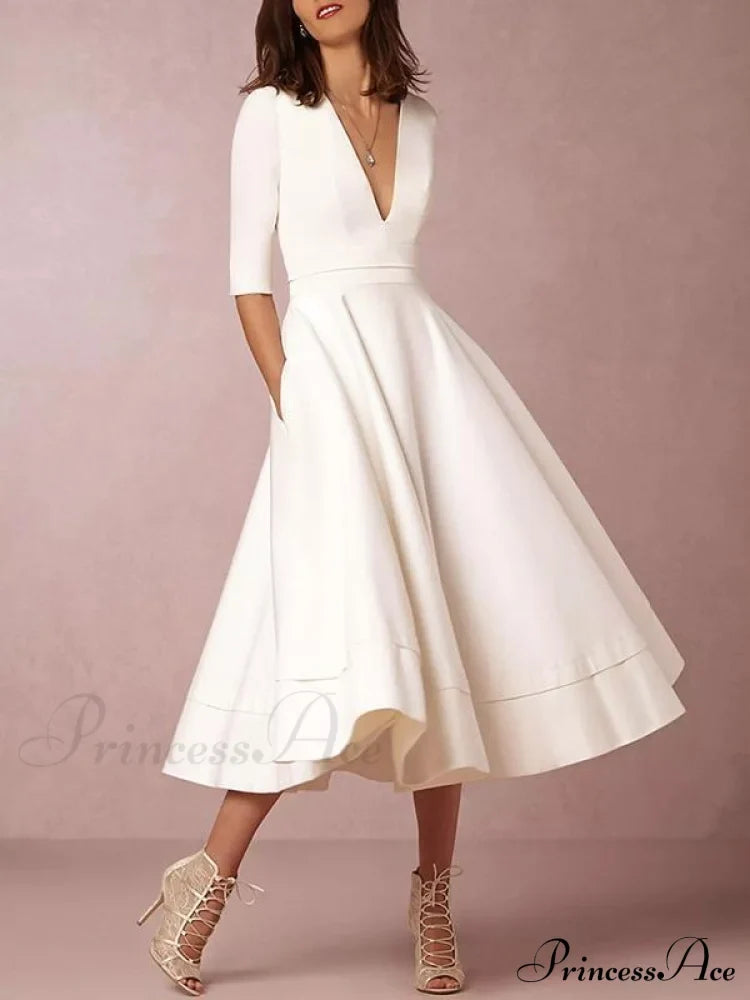 Elegant White V-Neck Evening Dress With Half Sleeves M / Black Dresses