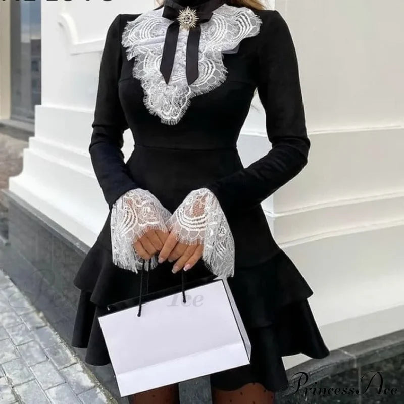 Eyelash Fashion Gown Ruffles Elegant Women’s Lace - Arm Bell Party Trend Black / S