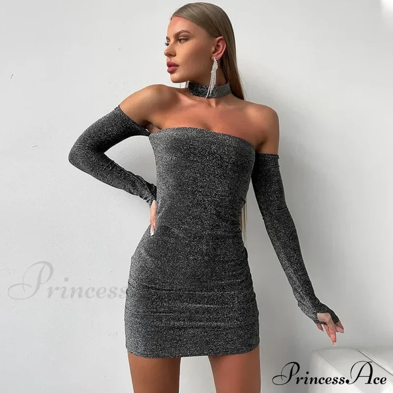 Fashion Glitter Off Shoulder Mini Dress Silver / S
