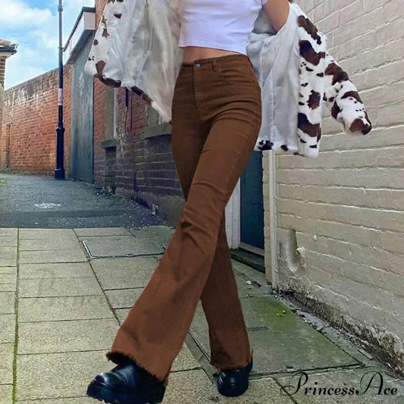 Flared High Black Jeans And In Waist Brown For Khaki Women