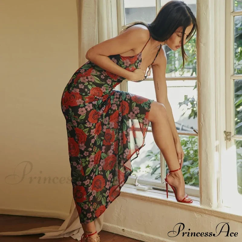Flower Print Mesh Charming Slip Maxi Dress