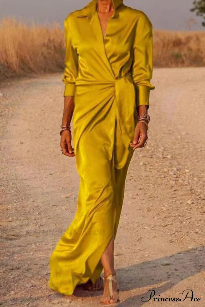 Gown Patchwork Blouse Bandage With Turndown Casual Solid Collar Gold / S Dresses/Maxi Dresses