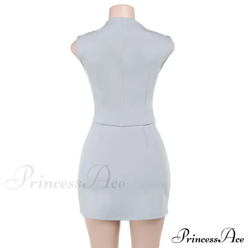 High Neck Solid Top Graceful And Bodycon Mini Skirt Set Two Pieces