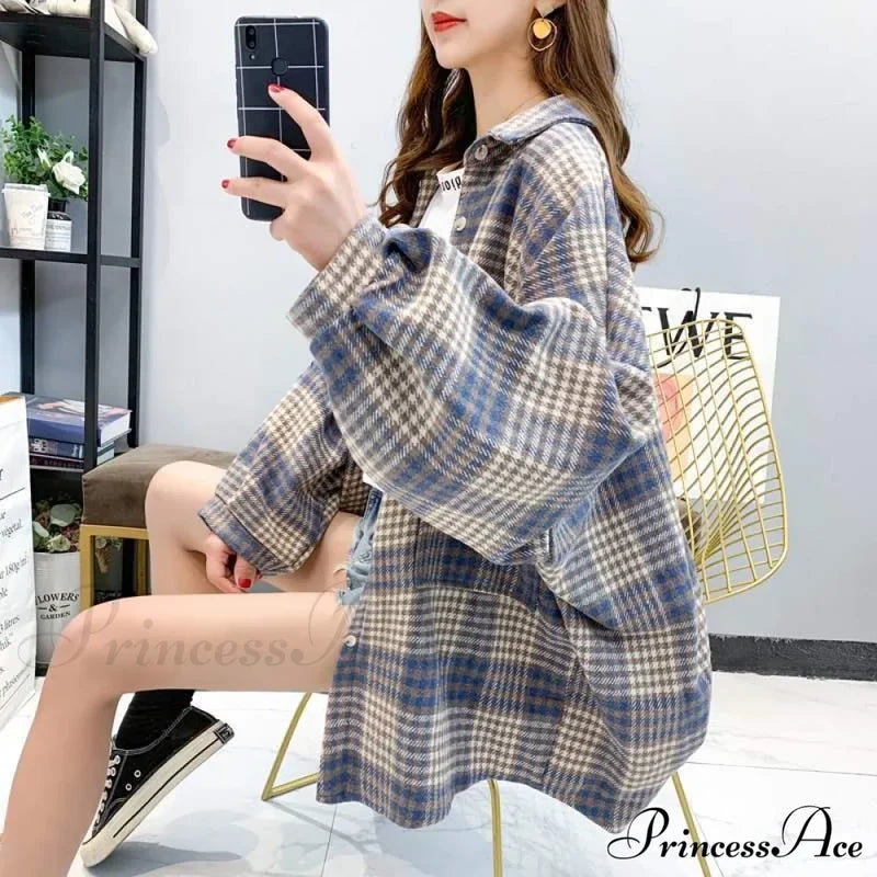 Korean Flannel Plaid Boyfriend Oversized Blouse Casual For Women Autumn Street Tunic Shirts Vintage