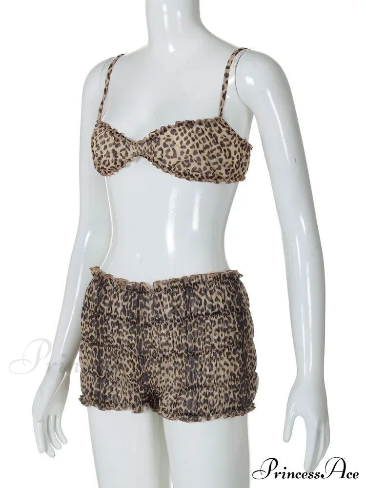 Leopard Print Ruffles Cami Graceful Bra Top And Shorts Set Suits
