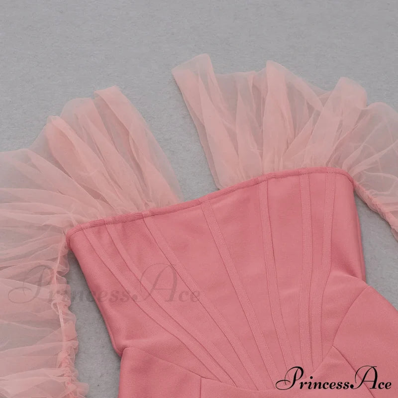 Long Arm Pink Warm-Season Sexy Bodycon Mesh Shoulder Bandage Backless Mini Women Off Dress