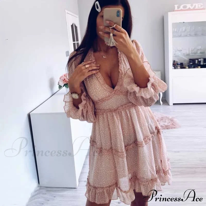 Party Gown Harlow Backless Design V-Neck Mini - Warm-Season Ruffle Women’s Flowered Dress Pink / S