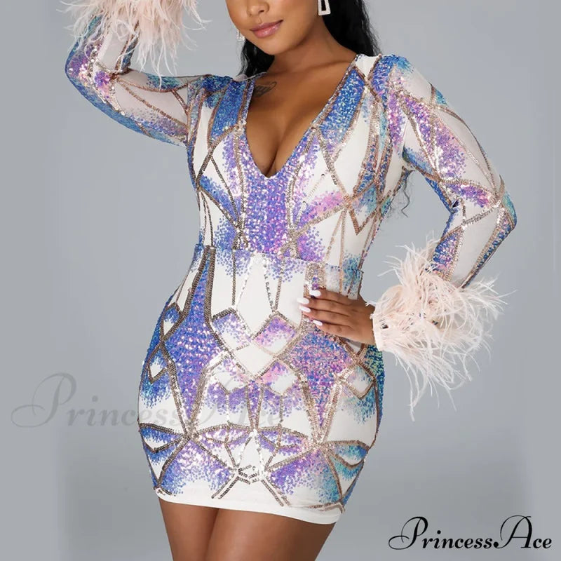 Patchwork Print Skinny Ostrich Feather Sequins Party Dress Xl / White Dresses