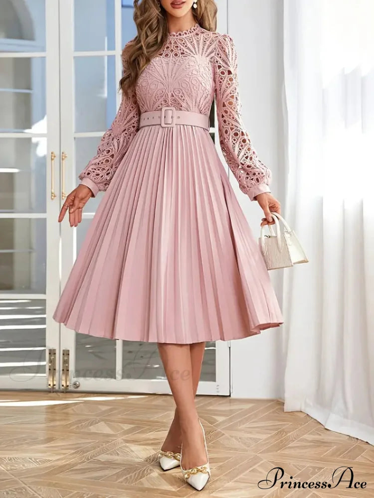 Pink Lace Pleated Party Dress With Belt L / White Pink Long Sleeve Party Dress