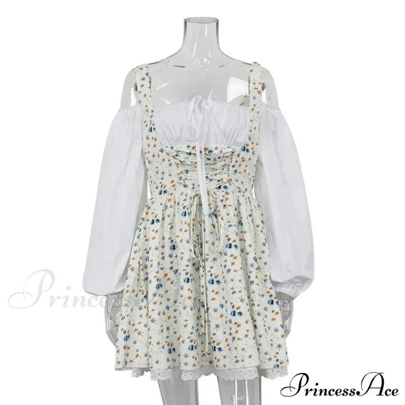 Printed Off-Shoulder Lantern Charming Sleeve Flare Mini Dress