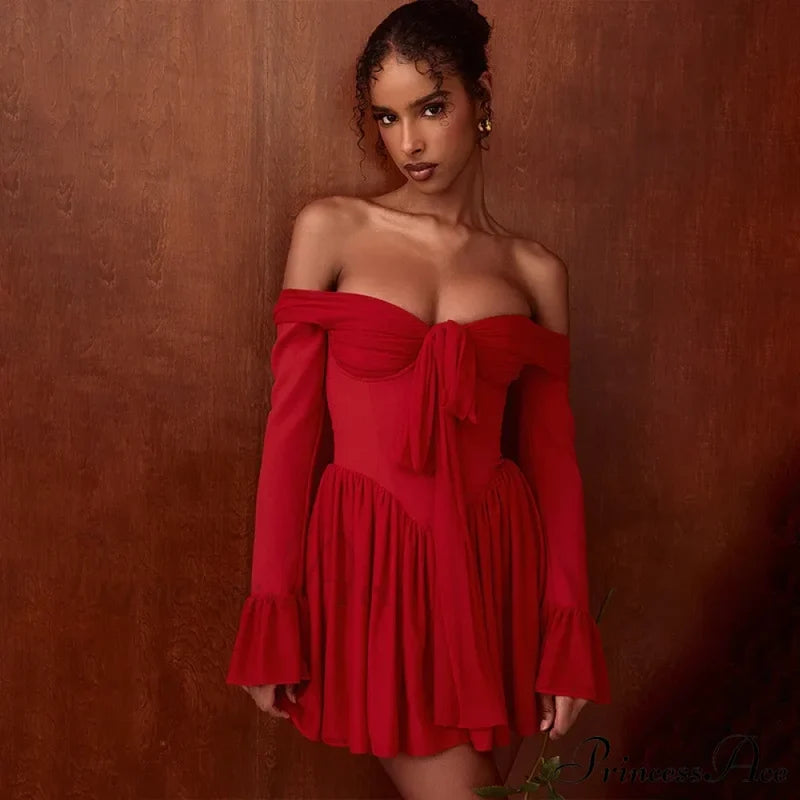 Red Off-Shoulder Stylish Frill Mini Dress