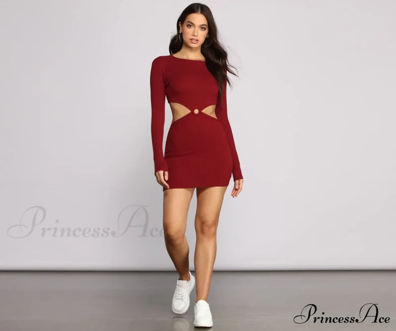 Ribbed Knit Stylish O-Ring Mini Dress Casual Dresses