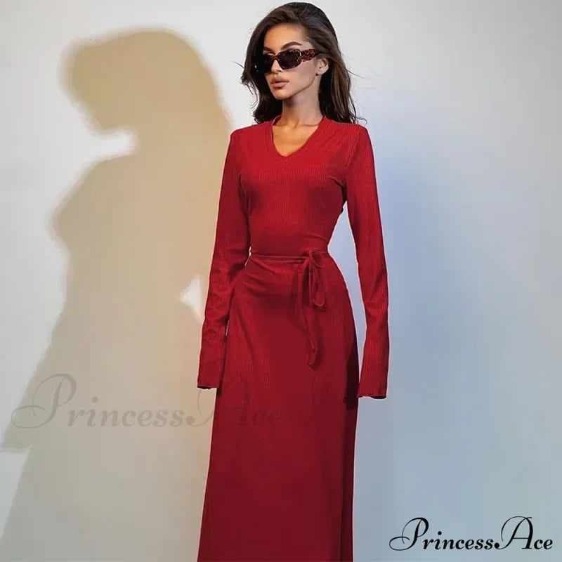 Ribbed Knitted Tie-Detailed Fashionable Club-Ready Birthday Autumnal Maxi Dress Red / S