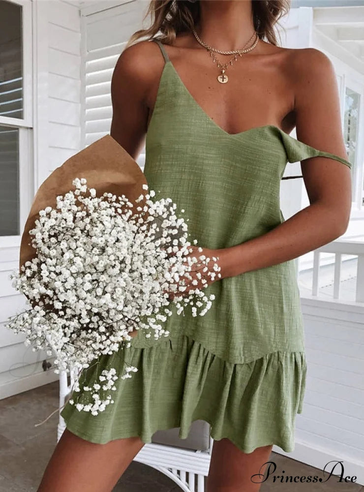 Ruffled Mini Dress With Shoulder Halter S / Green Dresses