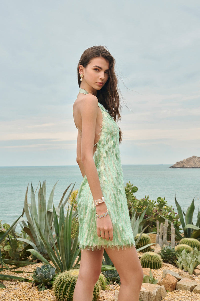 Sequin fringe halter mini dress