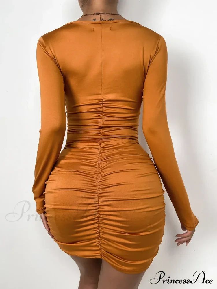 Sleeve Deep V Neck Hollow Out Pleated Ruched Soild Color Cut Dress