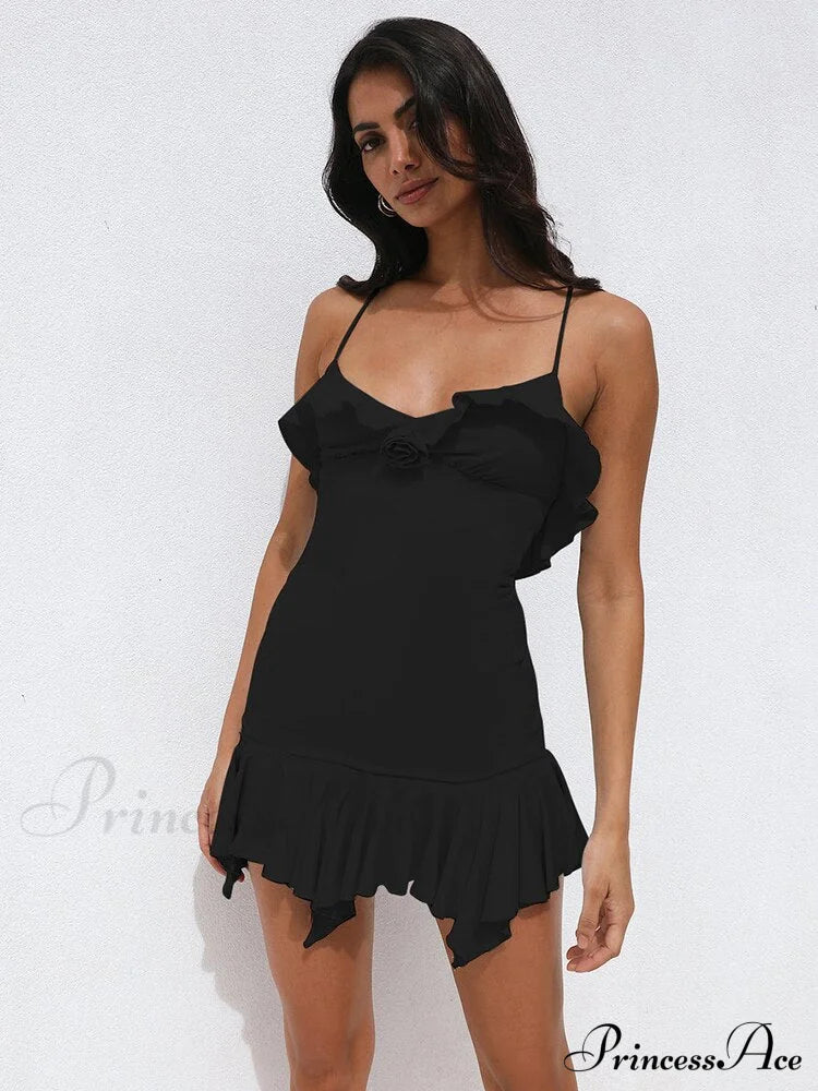 Spaghetti Party Coastal Strap Mini Gown Elegant Flower Off-Shoulder Robe Women Backless Bodycon