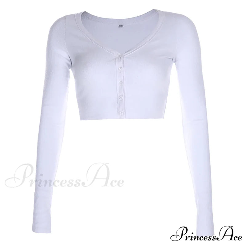 Stretchy Long Sleeve Crop Tops Cardigan White / S