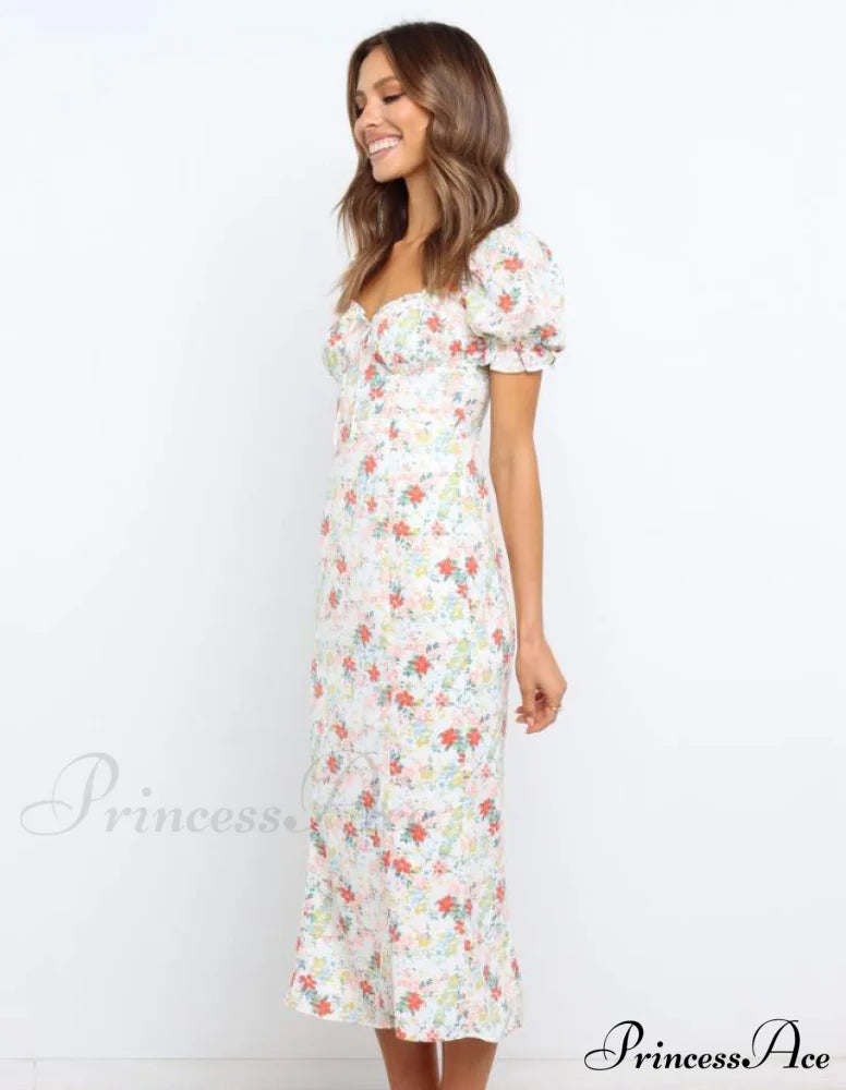 Summer Beach Sweet Dress With Puff Sleeves And Ruffles M / White Dresses