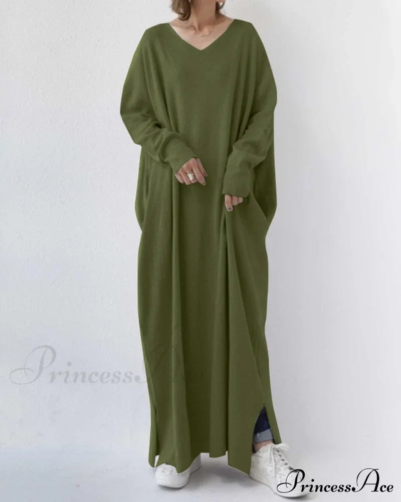 Long sleeve v neck swing dress Army green 2022 f/w 23BF casual dresses Clothes Dresses