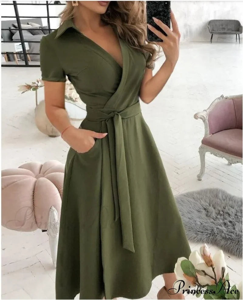 Warm-Season Retro Short-Sleeved V-Neck Gown Party Spring Patterned Fashion Belt Army Green / S