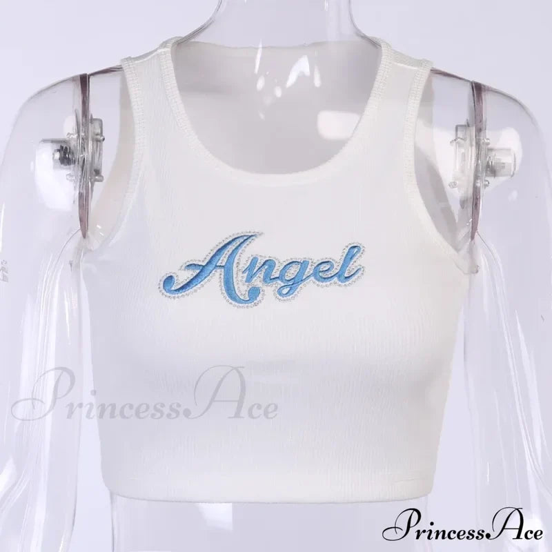 Women Letter Embroidery Vest Summer Sleeveless Crop For Ladies Tank Top White / S