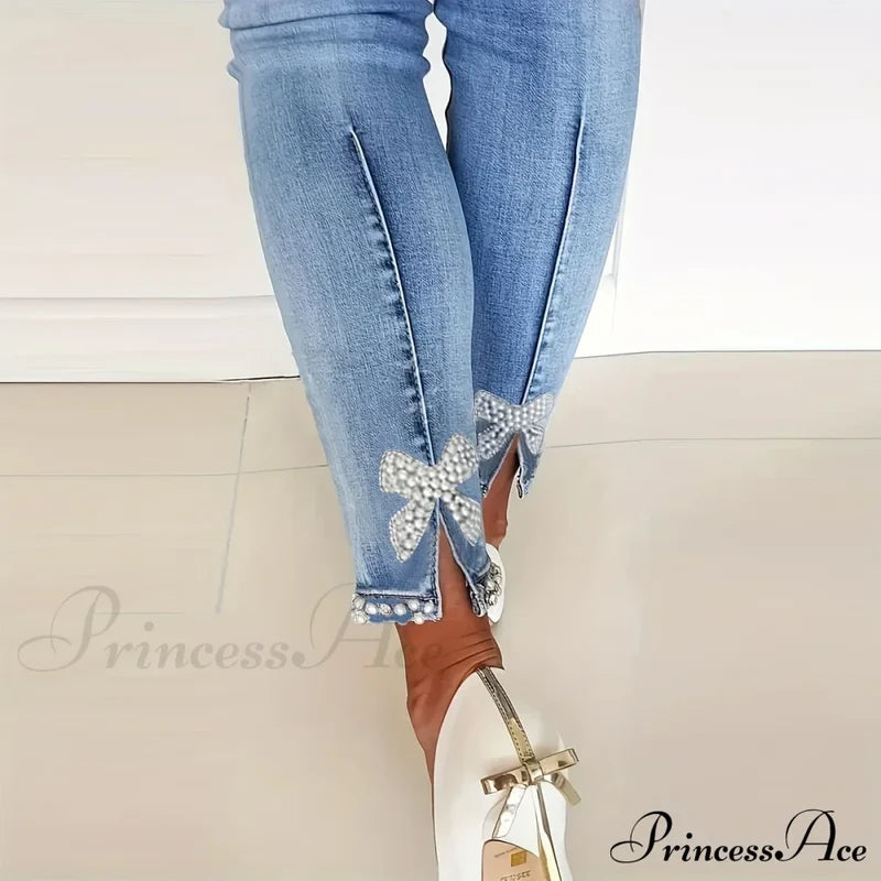 Women’s Blue High-Stretch Skinny With Faux Pearl Decor And Slim Fit - Stylish Comfortable Denim