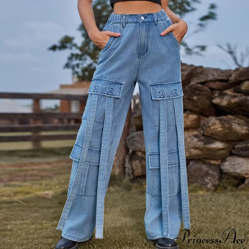 90S Streetwear Blue Cargo Casual Big Pockets Overalls High Waist Straight Denim Jean
