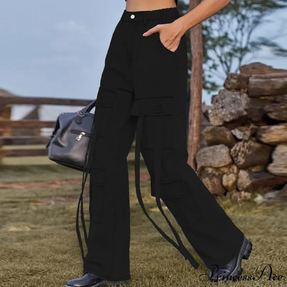 90S Streetwear Blue Cargo Casual Big Pockets Overalls High Waist Straight Denim Jean