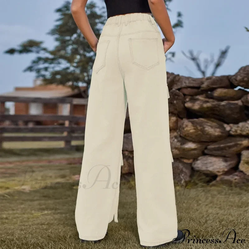90S Streetwear Blue Cargo Casual Big Pockets Overalls High Waist Straight Denim Jean Khaki / S