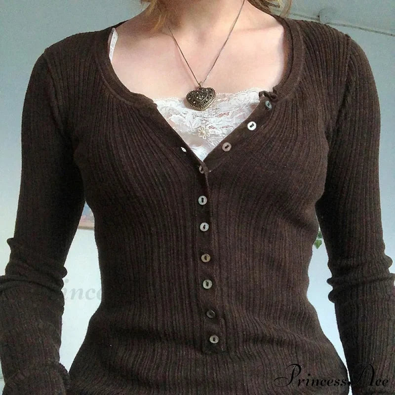 Aesthetic Up Ribbed Lace Arm Patchwork Retro Tops Y2K Skinny Casual Grunge Button Long Fairy Women