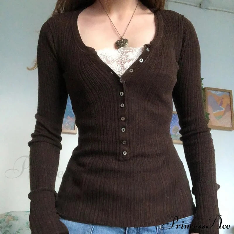 Aesthetic Up Ribbed Lace Arm Patchwork Retro Tops Y2K Skinny Casual Grunge Button Long Fairy Women