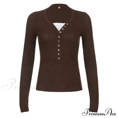 Aesthetic Up Ribbed Lace Arm Patchwork Retro Tops Y2K Skinny Casual Grunge Button Long Fairy Women