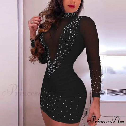 And Arm Detail - Gown Diamond With Lace Long Sheer Mesh Elegant Sequined Patchwork Party Mini