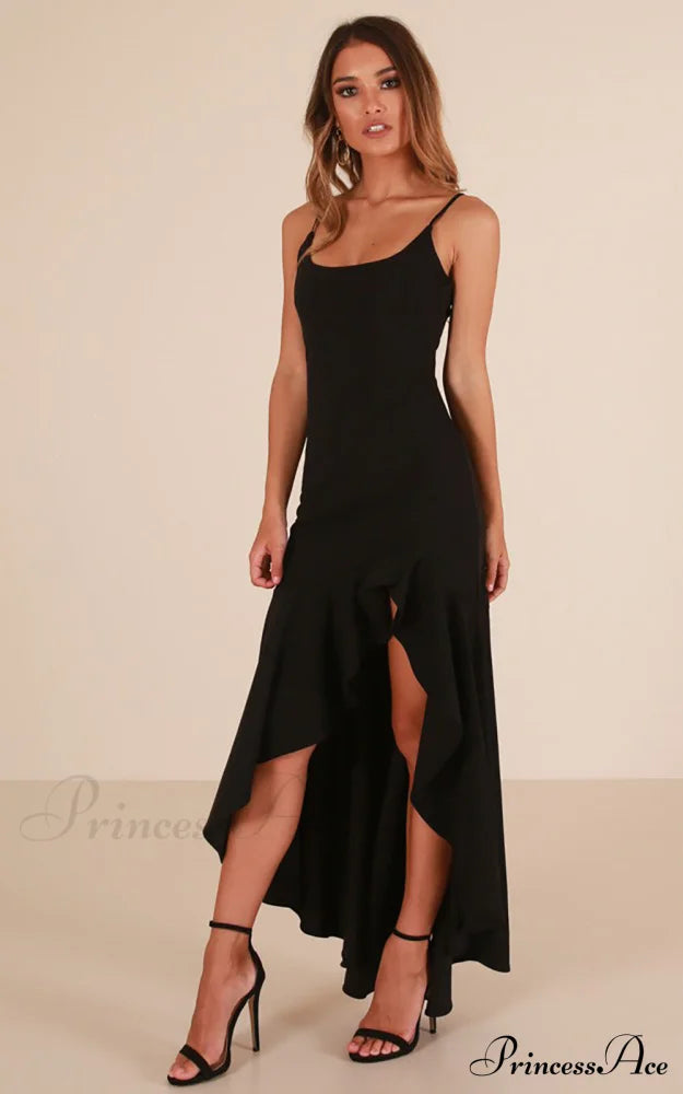 Asymmetric Flounce Long Dress S / Black Dresses