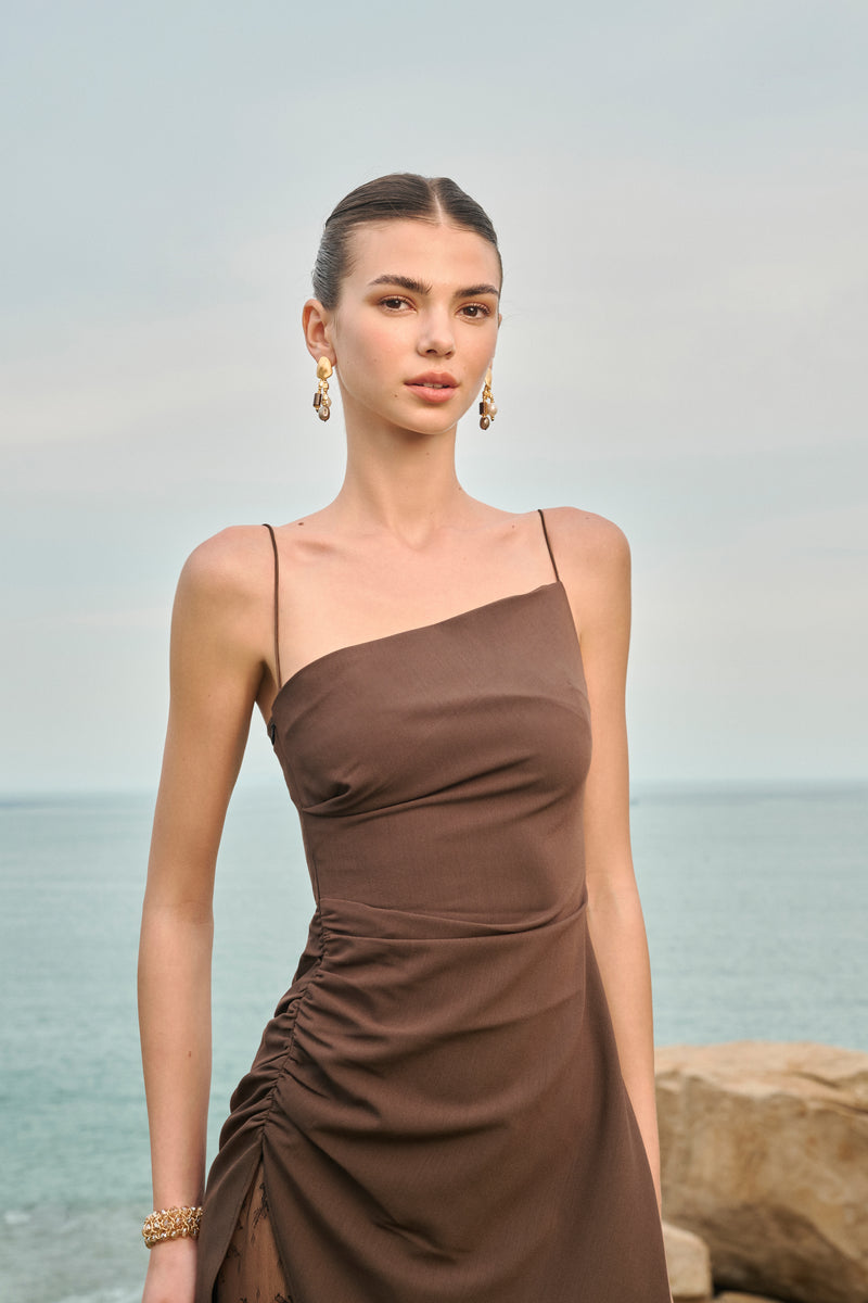 Asymmetric lace-underlay dress