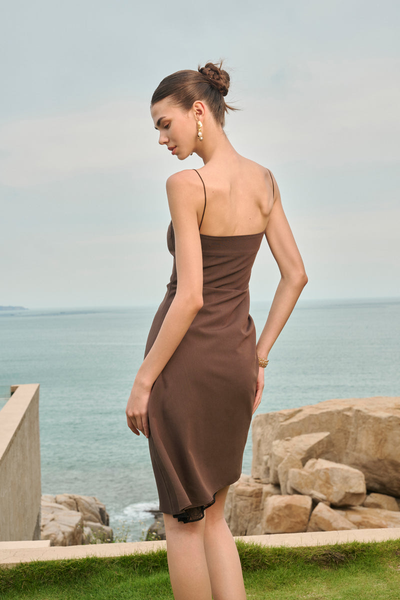 Asymmetric lace-underlay dress