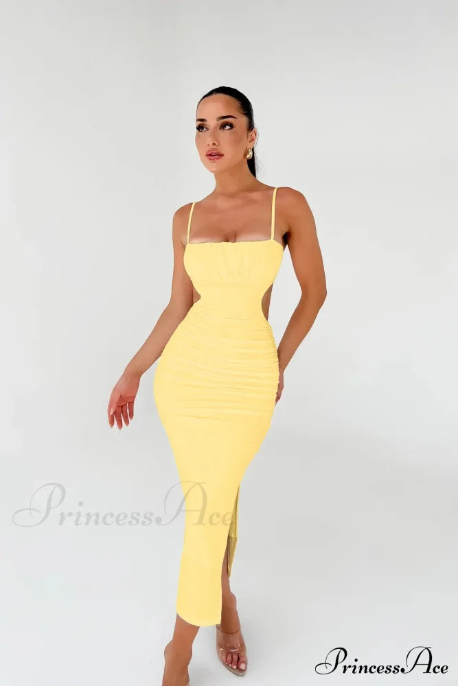Backless Solid Fold Pleated Side Slit Summer New Women’s Suspender Wrapped Buttocks Long Skirt