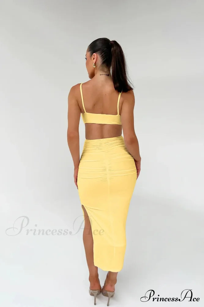 Backless Solid Fold Pleated Side Slit Summer New Women’s Suspender Wrapped Buttocks Long Skirt