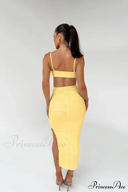 Backless Solid Fold Pleated Side Slit Summer New Women’s Suspender Wrapped Buttocks Long Skirt