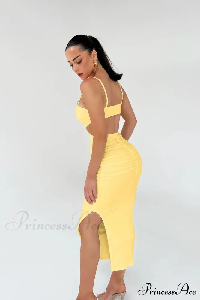 Backless Solid Fold Pleated Side Slit Summer New Women’s Suspender Wrapped Buttocks Long Skirt