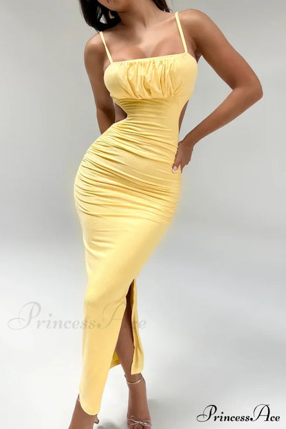 Backless Solid Fold Pleated Side Slit Summer New Women’s Suspender Wrapped Buttocks Long Skirt