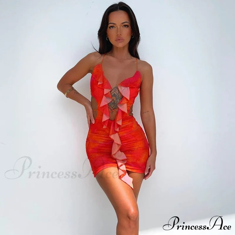 Backless Women Halter Ruffle Gown Party Coastal Festive Hollow - Out For Mini Bodycon Sexy Vestido